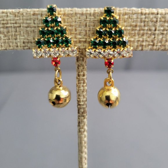 Womens Clip On Earrings Crystal Christmas Trees Gold Tone Accents Green Red 1 in - Picture 4 of 6